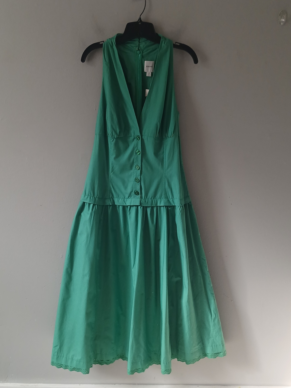 Anthropologie Maeve Size LP Halter V-neck Drop Waist Midi Dress Green Cotton NWT